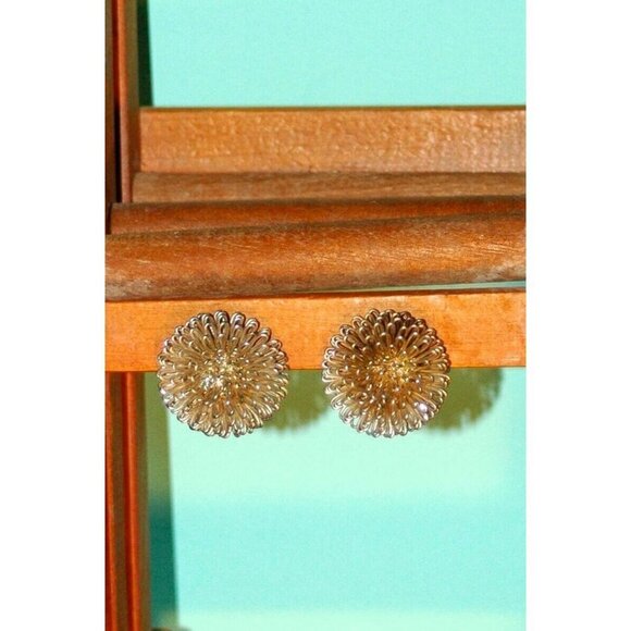 Vintage Wire Earrings Silver Circle Clip On Starburst - Picture 3 of 5